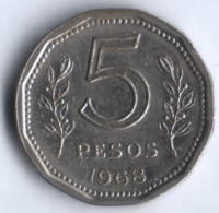 Монета 5 песо. 1968 год, Аргентина.