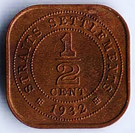 Монета 1/2 цента. 1932 год, Стрейтс Сетлментс.