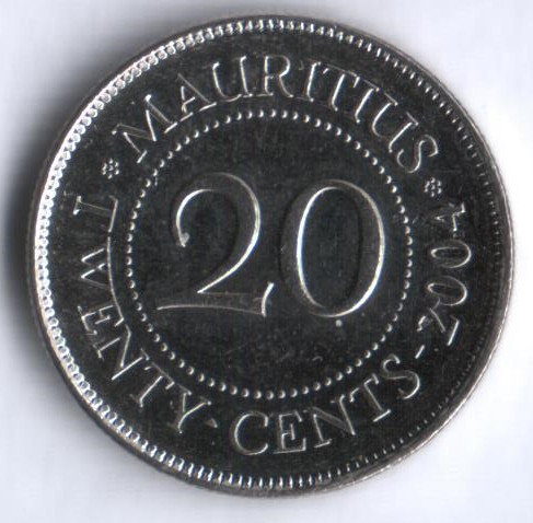Монета 20 центов. 2004 год, Маврикий.
