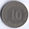 Монета 10 пфеннигов. 1900 год (G), Германская империя.