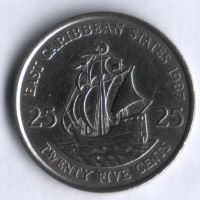 Монета 25 центов. 1987 год, Восточно-Карибские государства.