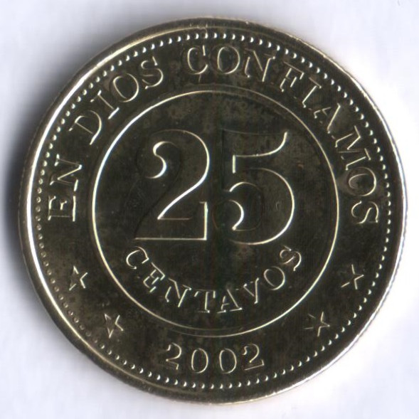 Монета 25 сентаво. 2002 год, Никарагуа.