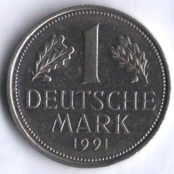 Монета 1 марка. 1991 год (F), ФРГ.
