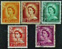 Набор почтовых марок (5 шт.). "Королева Елизавета II". 1955-1956 годы, Новая Зеландия.