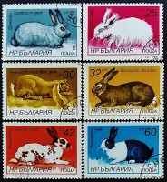 Набор почтовых марок (6 шт.). "Зайцы и кролики". 1986 год, Болгария.