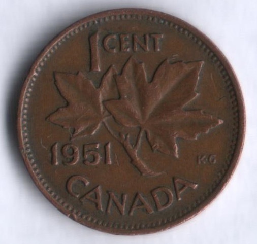 Монета 1 цент. 1951 год, Канада.