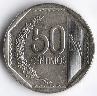 Монета 50 сентимо. 2008 год, Перу.