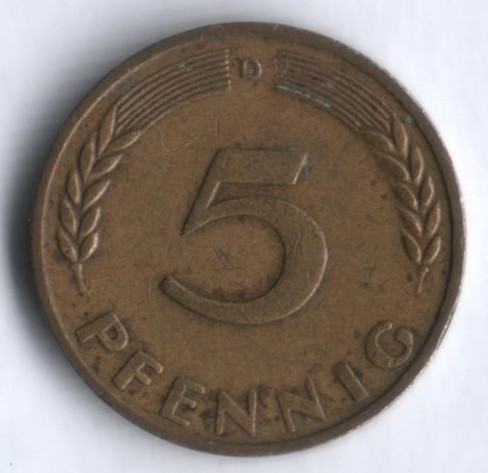 Монета 5 пфеннигов. 1949(D) год, ФРГ.