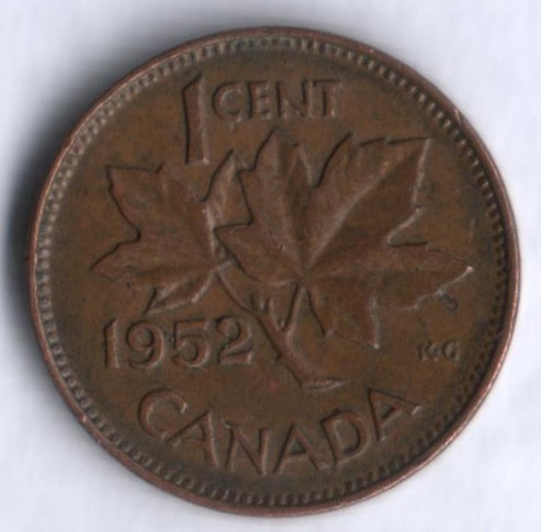 Монета 1 цент. 1952 год, Канада.