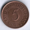 Монета 5 центов. 2012 год, Маврикий.