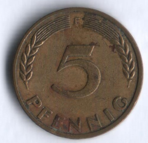 Монета 5 пфеннигов. 1949(F) год, ФРГ.