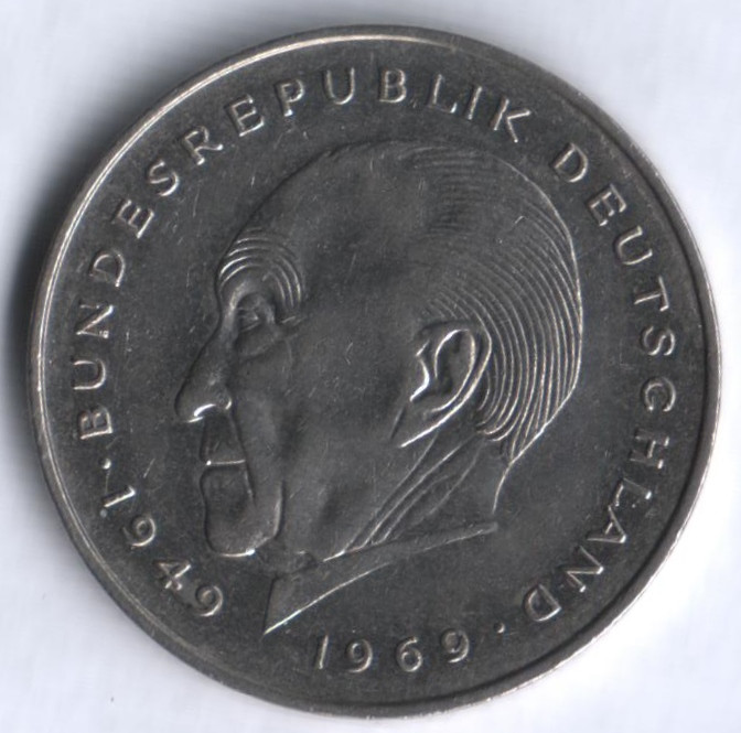 Монета 2 марки. 1984 год (G), ФРГ. Конрад Аденауэр.