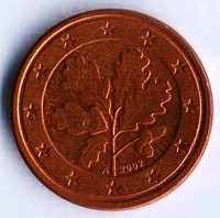 Монета 1 цент. 2002(A) год, Германия.