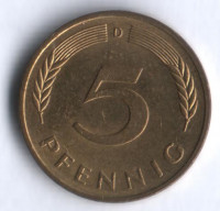 Монета 5 пфеннигов. 1991(D) год, ФРГ.