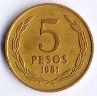 Монета 5 песо. 1981 год, Чили.