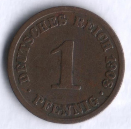 Монета 1 пфенниг. 1908 год (A), Германская империя.