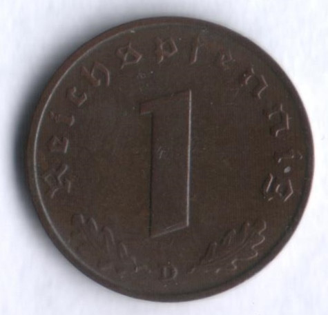 Монета 1 рейхспфенниг. 1937 год (D), Третий Рейх.