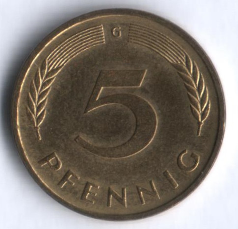 Монета 5 пфеннигов. 1991 год (G), ФРГ.