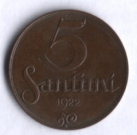 Монета 5 сантимов. 1922 год, Латвия. С отметкой М/Д.