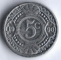 Монета 5 центов. 1990 год, Нидерландские Антильские острова.