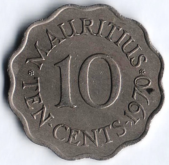 Монета 10 центов. 1970 год, Маврикий.