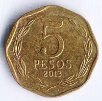 Монета 5 песо. 2013 год, Чили.