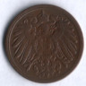 Монета 1 пфенниг. 1912 год (A), Германская империя.