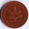 Монета 1 пфенниг. 1974(J) год, ФРГ.