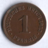 Монета 1 пфенниг. 1913 год (F), Германская империя.