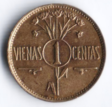 Монета 1 цент. 1925 год, Литва.