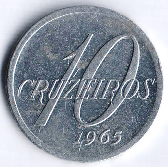 Монета 10 крузейро. 1965 год, Бразилия.
