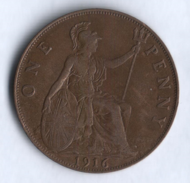 Монета 1 пенни. 1916 год, Великобритания.
