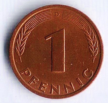 Монета 1 пфенниг. 1980(D) год, ФРГ.