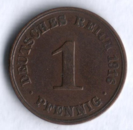 Монета 1 пфенниг. 1916 год (A), Германская империя.