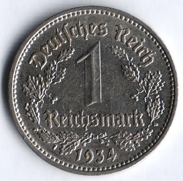 Монета 1 рейхсмарка. 1934 год (E), Третий Рейх.