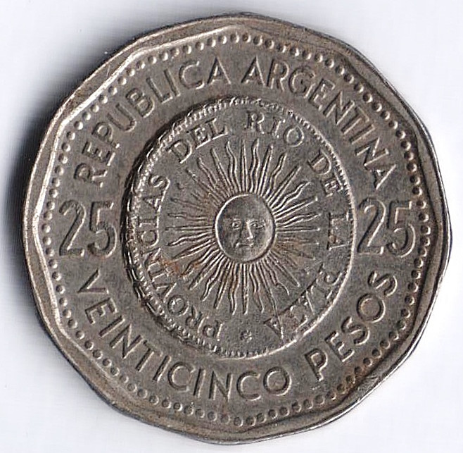 Монета 25 песо. 1968 год, Аргентина.