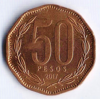 Монета 50 песо. 2017 год, Чили.