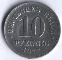 Монета 10 пфеннигов. 1917 год (D), Германская империя.