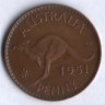 Монета 1 пенни. 1951(m) год, Австралия.