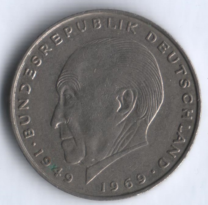 Монета 2 марки. 1973 год (D), ФРГ. Конрад Аденауэр.
