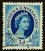 Почтовая марка (1 p.). "Королева Елизавета II". 1955 год, Родезия и Ньясаленд.