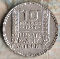 Монета 10 франков. 1938 год, Франция.