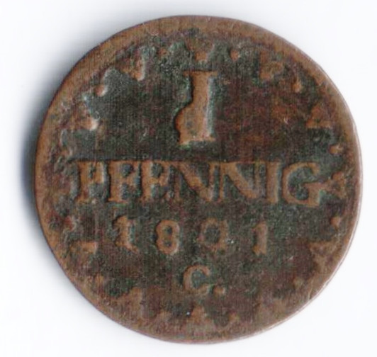 Монета 1 пфенниг. 1801 год (С), Саксония.