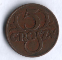 Монета 5 грошей. 1938 год, Польша.