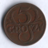 Монета 5 грошей. 1938 год, Польша.