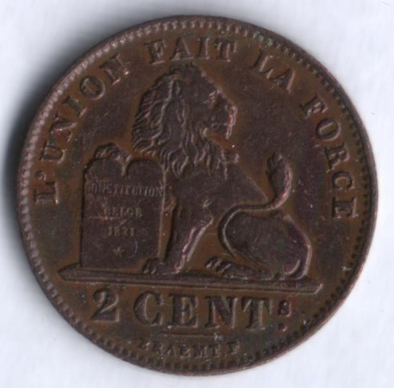 Монета 2 сантима. 1911 год, Бельгия (Des Belges).