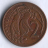 Монета 2 цента. 1972 год, Новая Зеландия.