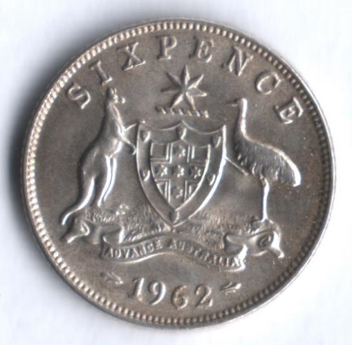 Монета 6 пенсов. 1962(m) год, Австралия.