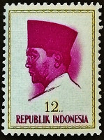 Марка почтовая (12 r.). "Президент Сукарно". 1964 год, Индонезия.