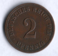 Монета 2 пфеннига. 1913 год (A), Германская империя.